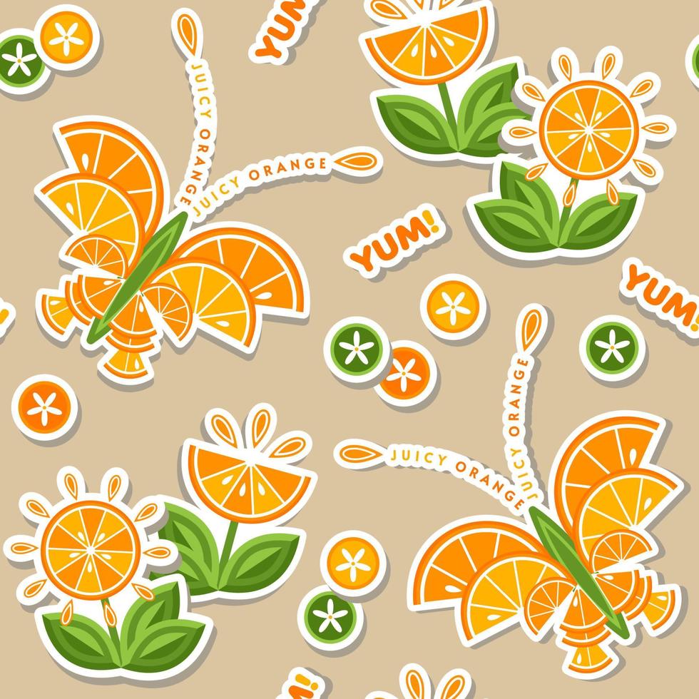 Pattern with text, stickers of butterfly, flowers made of orange slices, green leaves. Good for decoration of kids textile, food packaging, groceries, agriculture stores. Flat style vector