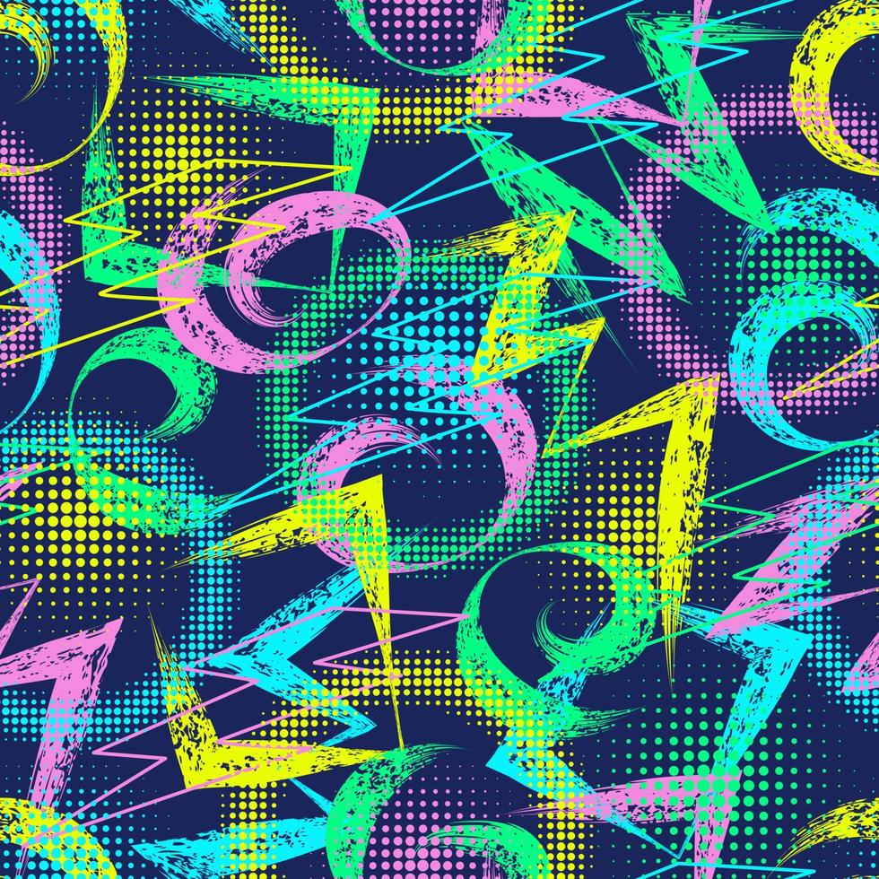 Abstract pattern with paint brush strokes, outline lightnings, halftone round shapes. Multicolored swirls, zigzags, dots. Modern grunge texture with halftone. Perfect for sportswear, sporting goods vector