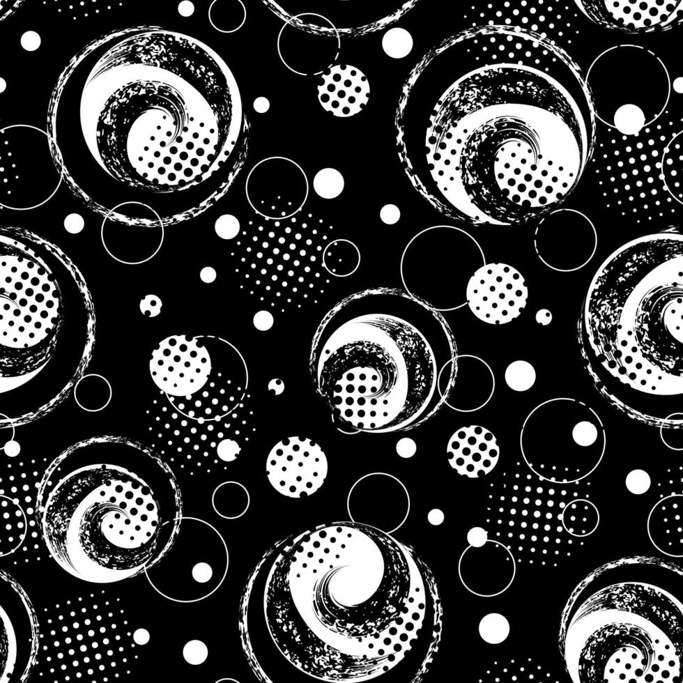 Abstract seamless pattern with round grunge paint brush stroke. White circles on black background. Modern grunge texture with halftone. Perfect for sportswear, sporting goods vector