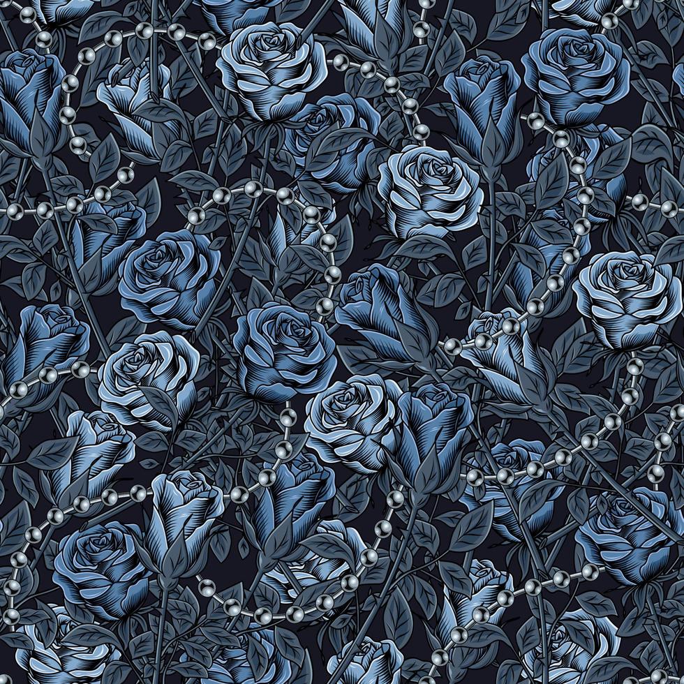Camouflage pattern with lush blooming blue roses with stems, gray leaves, silver ball chains. Dense composition with overlapping elements. Good for female apparel, fabric, textile, sport goods. vector