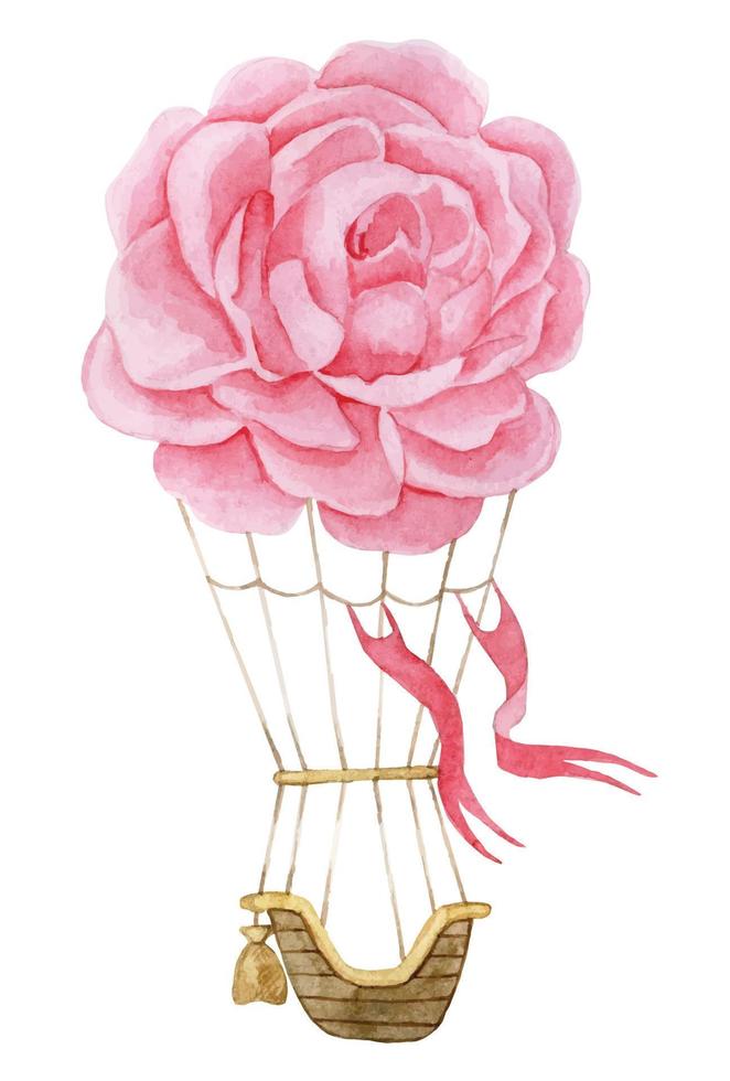 watercolor drawing hot air balloon with flowers. pink peony. delicate pattern for girls, gentle balloon print. vector