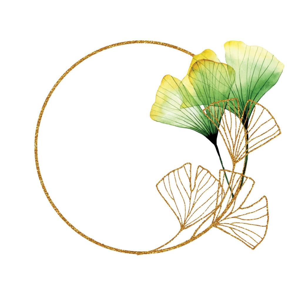 golden round frame with transparent ginkgo leaves. green and gold tropical leaves, minimalistic design. vector