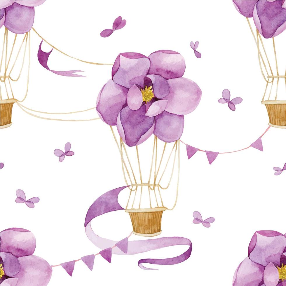 acuarela dibujo patrón sin costuras globo de aire caliente de flores. estampado delicado para niñas, delicado. flores de magnolia púrpura sobre fondo blanco. vector