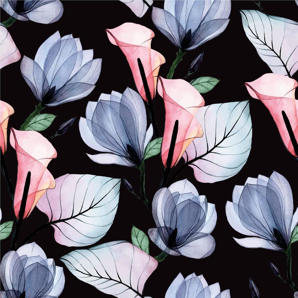 watercolor seamless pattern with blue and pink transparent flowers. magnolia and calla lily on a black background. vector