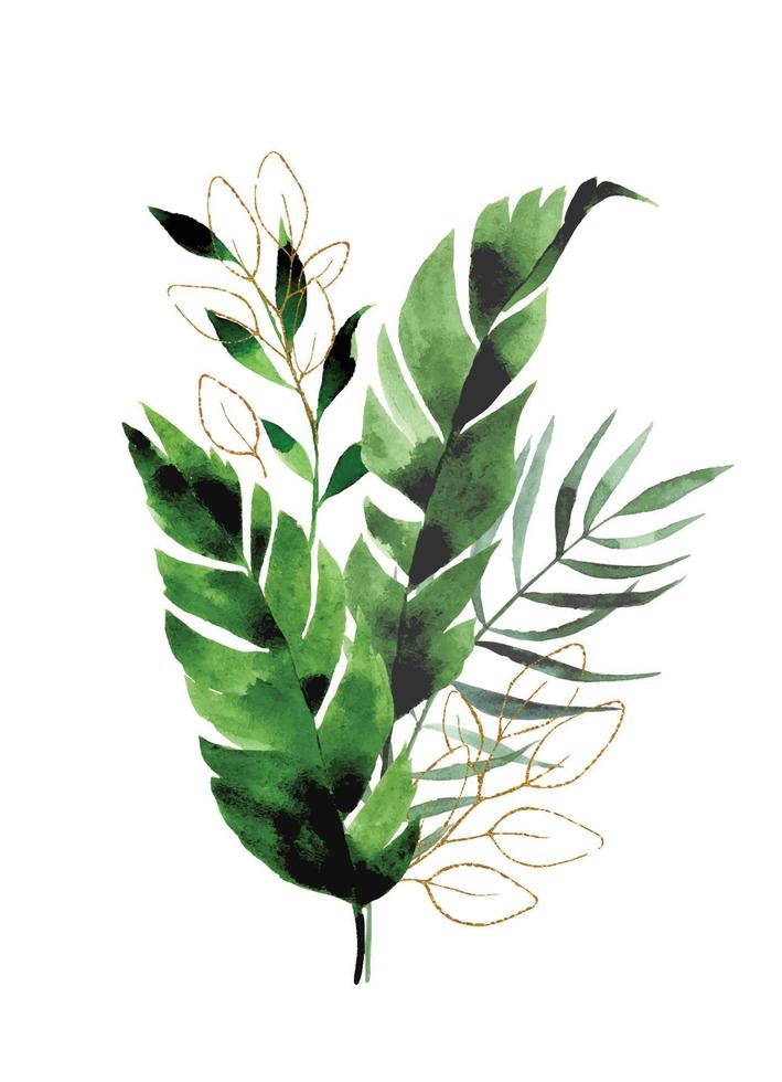 dibujo de acuarela. ramo, composición de hojas tropicales y elementos dorados. hojas verdes y doradas de palma, eucalipto, monstera aisladas en fondo blanco vector