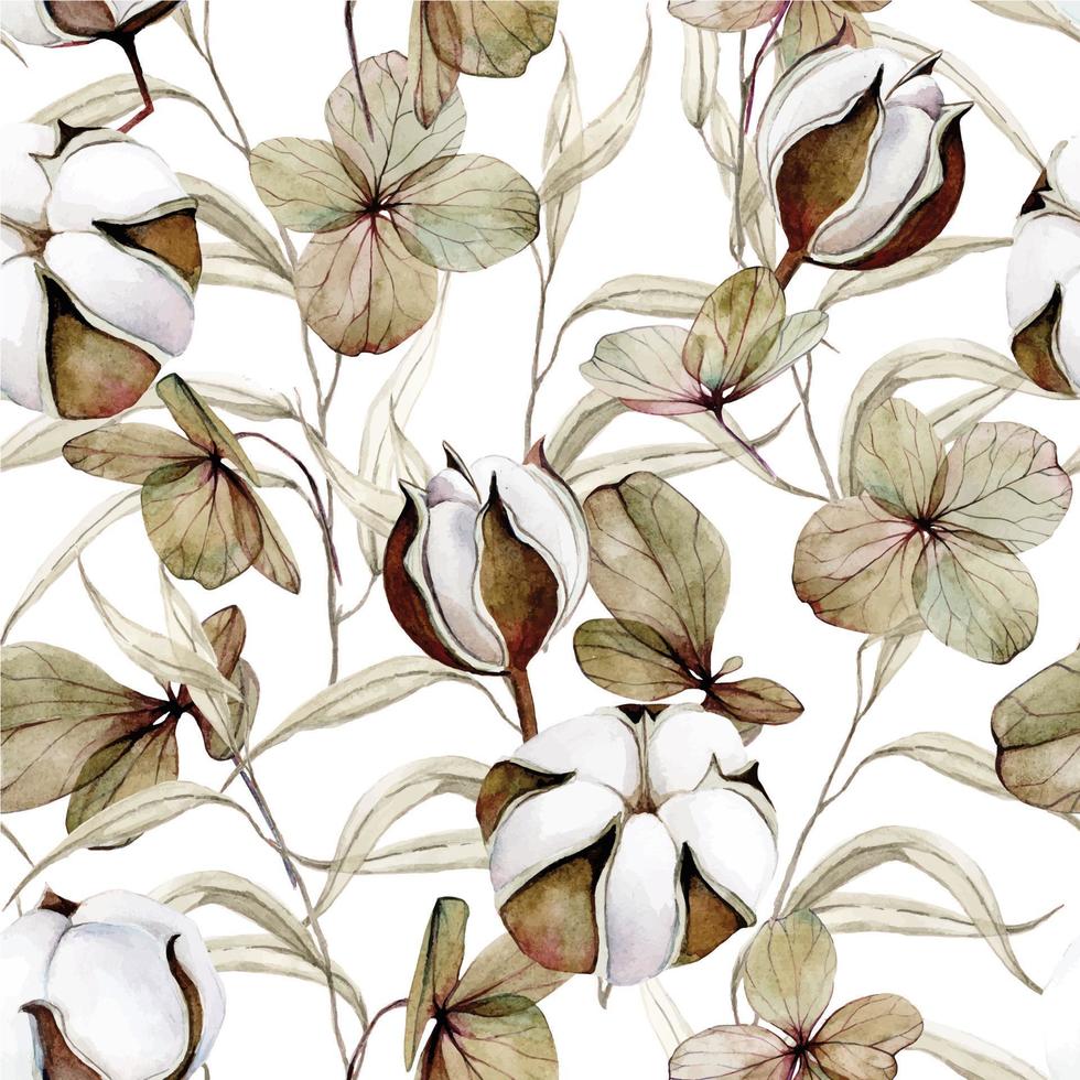 acuarela de patrones sin fisuras con hojas secas y flores de hortensia y algodón. patrón vintage sobre el tema del otoño, plantas en colores marrones naturales aisladas en fondo blanco vector