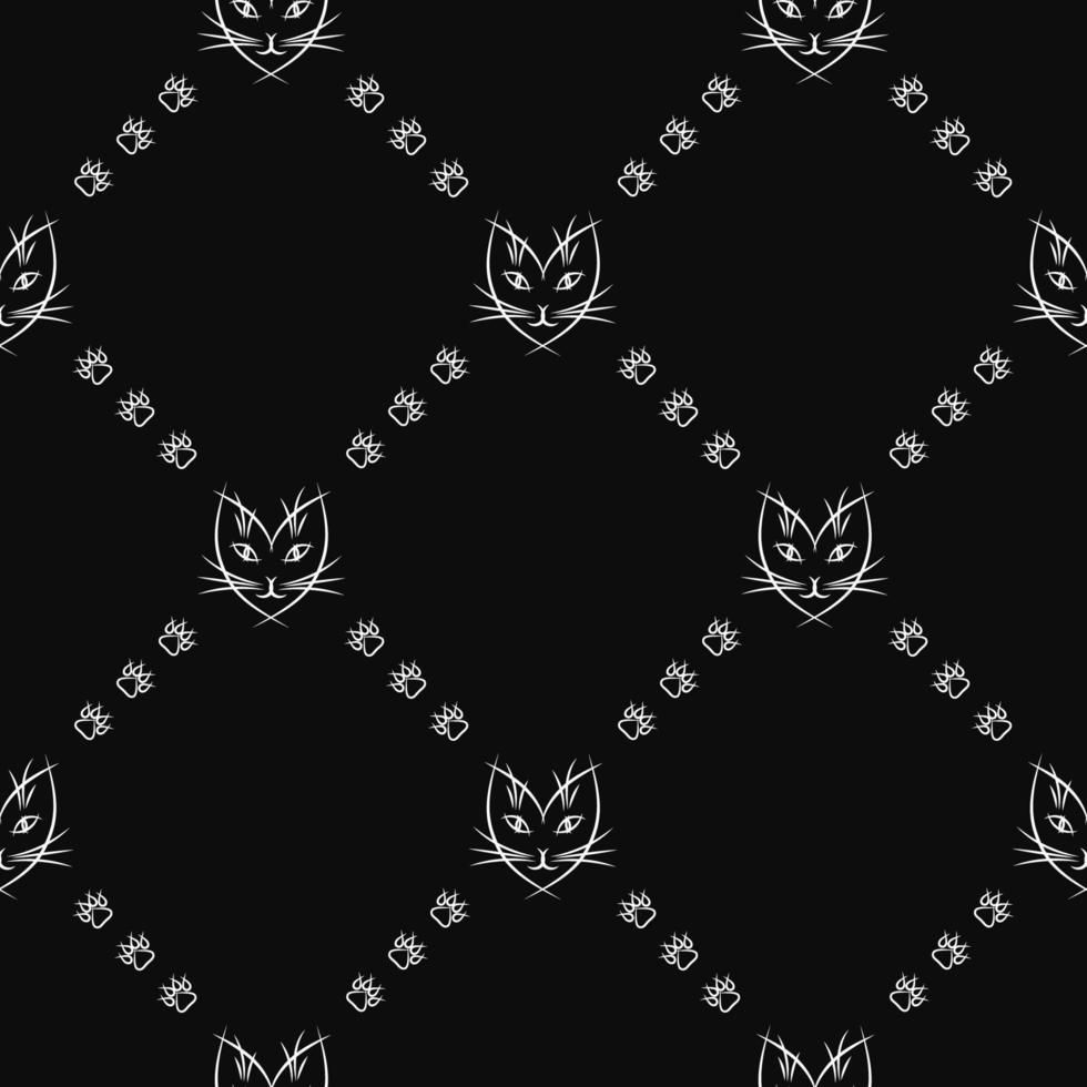 Simple seamless vector pattern with cats face and paw prints in rhombus grid. White on black. Good for cats goods decoration
