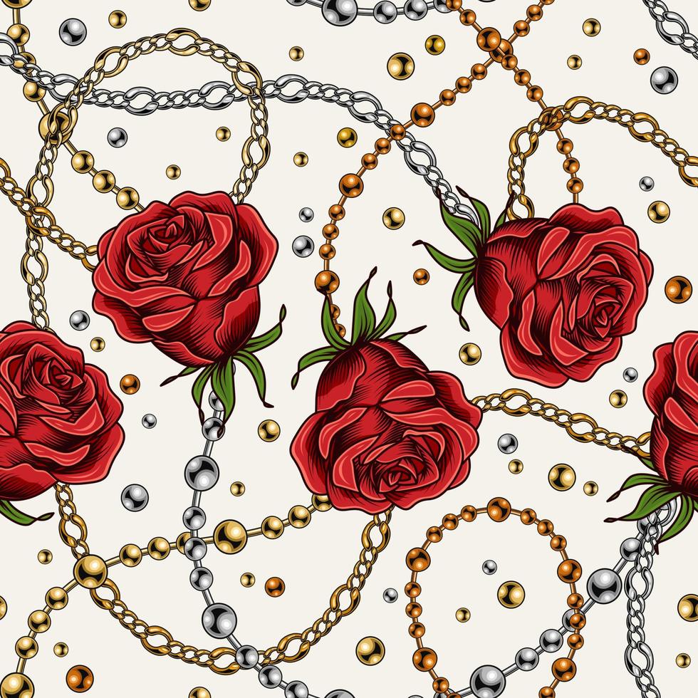 Seamless pattern with red vintage roses, metal chains and beads on white background. Horizontal composition. Vector illustration.