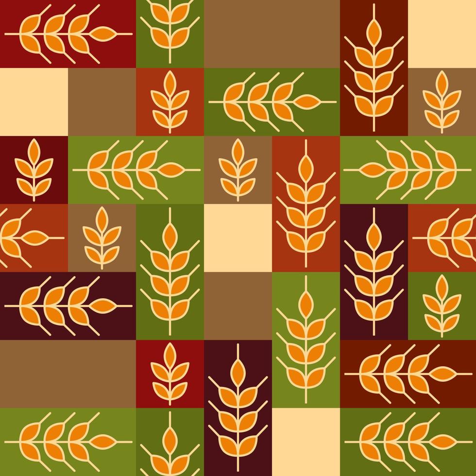 Seamless pattern with ears of rye, rectanlges in simple geometric style. Good for cereal products decoration. Eco style. Vector