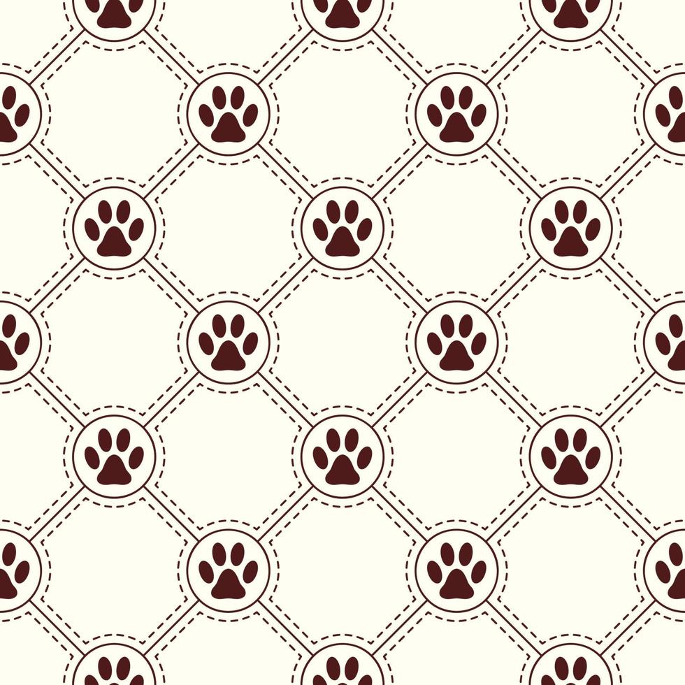Seamless pattern background with footprints of home pet in circles, square diagonal grid with dotted line. Black and white. Vector. vector