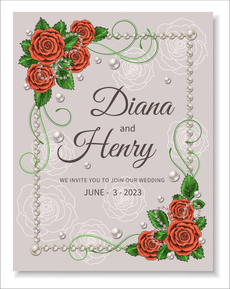 Wedding invitation card template with roses, green leaves, tendrils, pearls, rectangular frame, contour flowers on a pale backdrop. Classic vector illustration for romantic event.