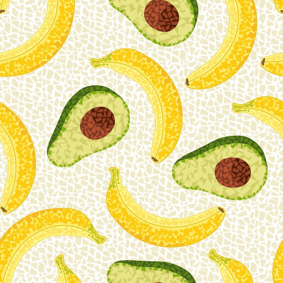 Bananas, avocado in mosaic style with small polygonal shapes. Seamless vector pattern with tropical fruits.