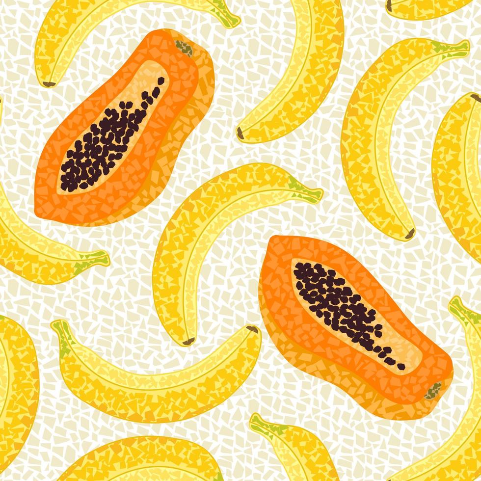 Bananas, papaya in mosaic style with small polygonal shapes. Seamless vector pattern with tropical fruits
