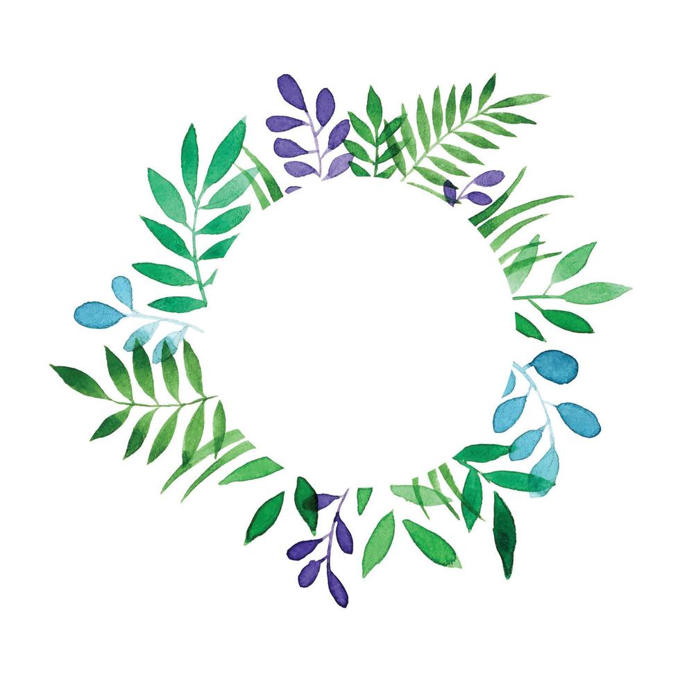 watercolor drawing. wreath, round frame with tropical leaves. abstract forest herbs and leaves, eucalyptus and fern vector