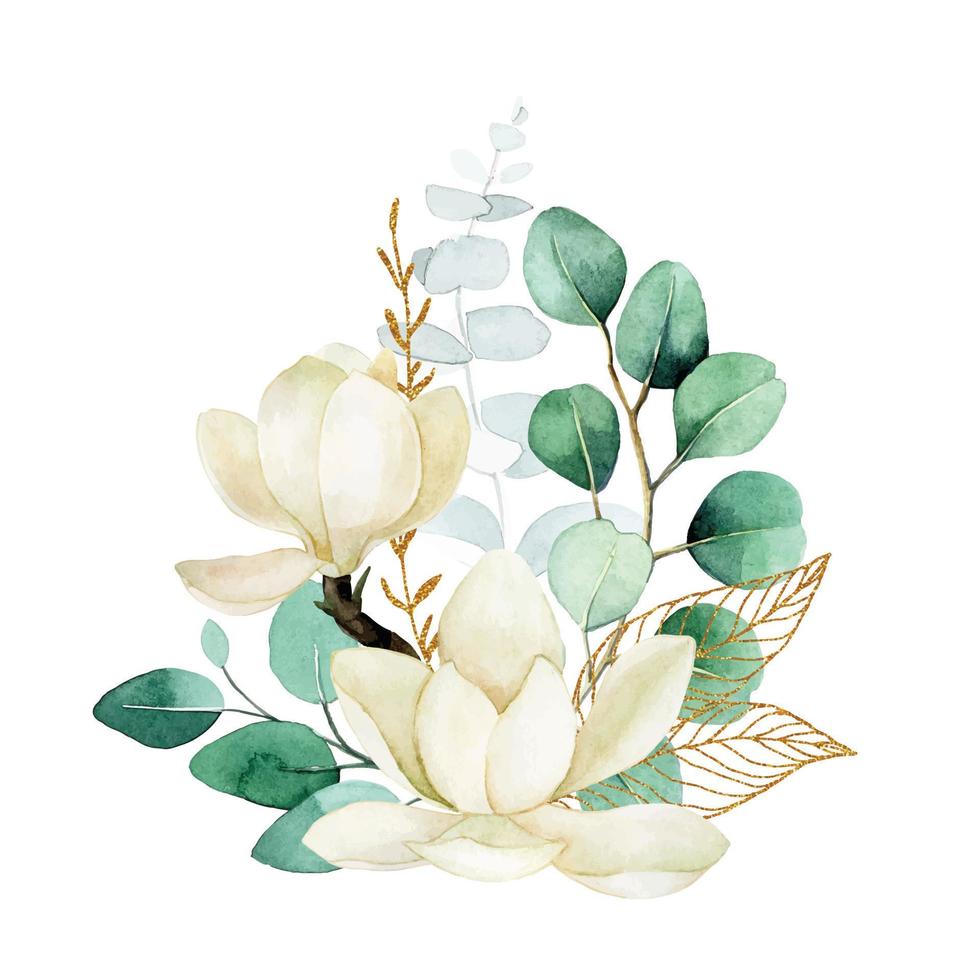 dibujo de acuarela. ramo con magnolias blancas y hojas de eucalipto. delicada composición de ilustración de flores, hojas verdes y doradas de eucalipto. vector