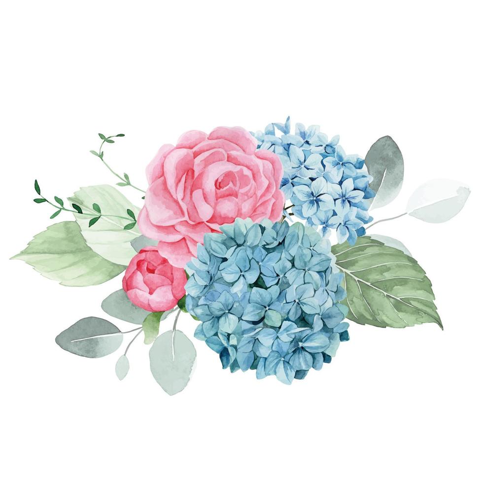 dibujo de acuarela. ramo, composición con flores de jardín. rosas rosadas, peonías, hortensias azules hojas de eucalipto verde. aislado en imágenes prediseñadas de fondo blanco vector