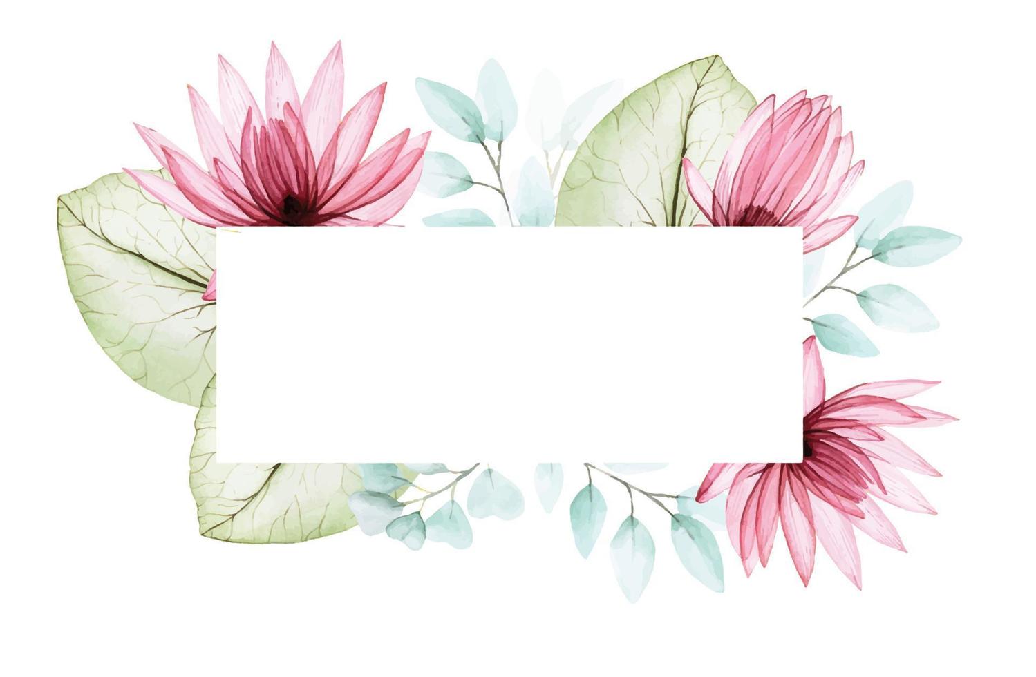 rectangular frame with eucalyptus silt and lotus leaves and flowers. pink lotus, water lily, the symbol of Asia, Japan and China. watercolor drawing by hands, transparent flowers. vector