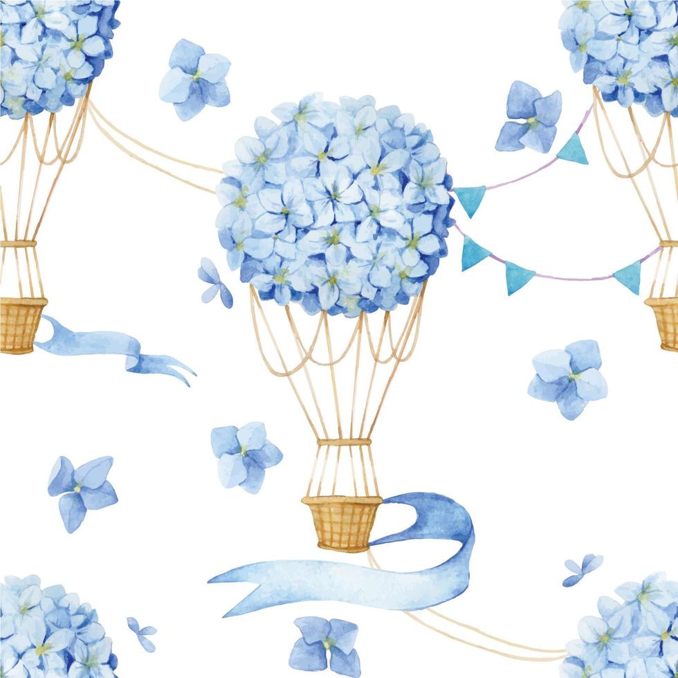 watercolor drawing seamless pattern hot air balloon of flowers. delicate print for girls, delicate.  blue hydrangea flowers on white background. vector