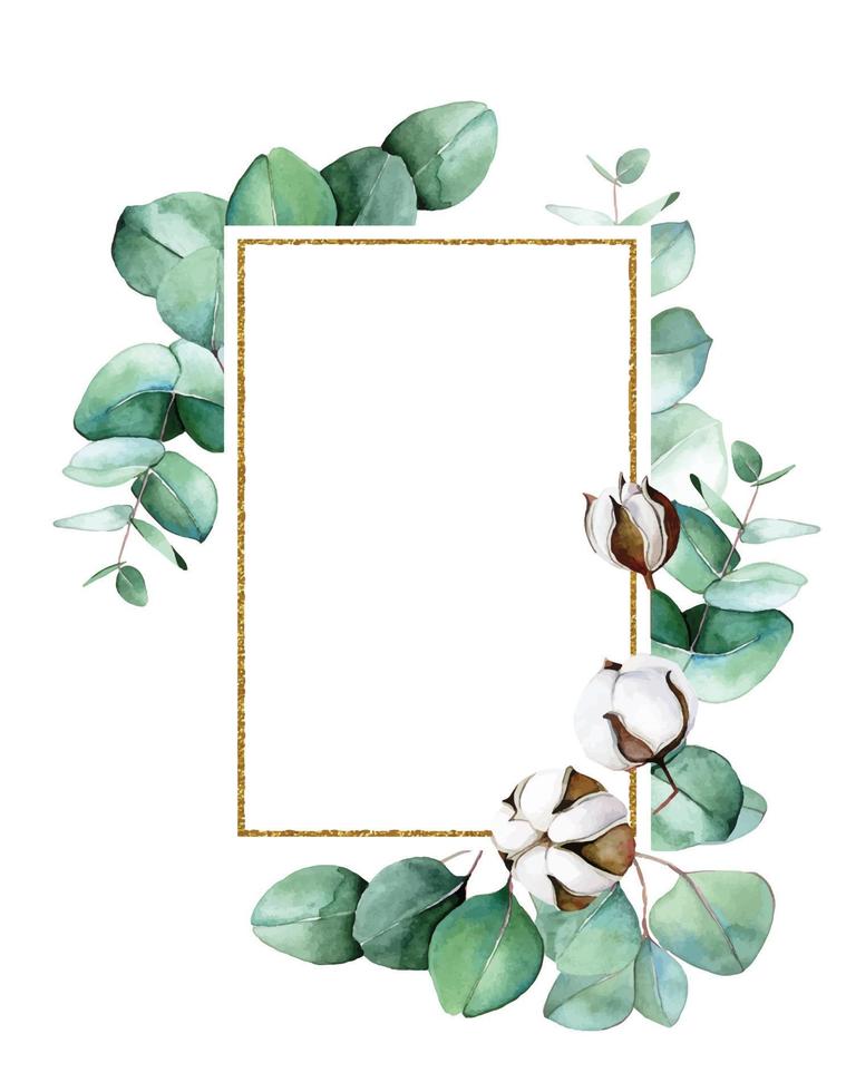 golden rectangular frame with watercolor eucalyptus leaves and cotton flowers. festive clip-art for wedding decoration, invitations, cards. perfumery and cosmetics logo vector