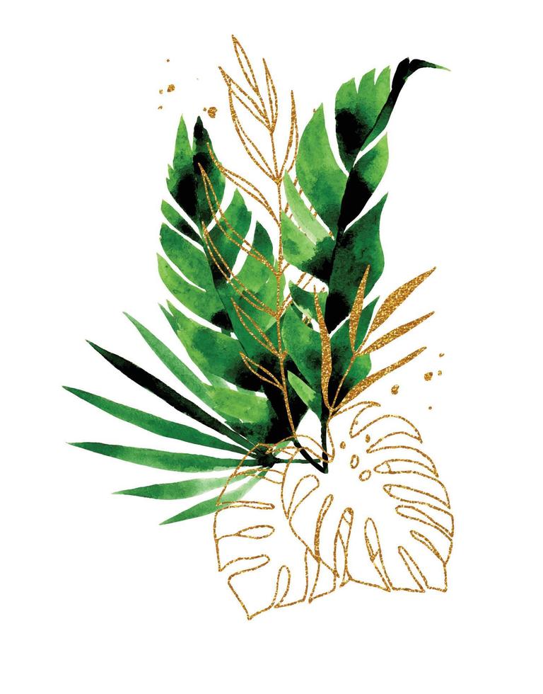 dibujo acuarela, composición de ramo de hojas tropicales de monstera y palmeras. Hojas verdes y doradas de la selva tropical aisladas en fondo blanco vector