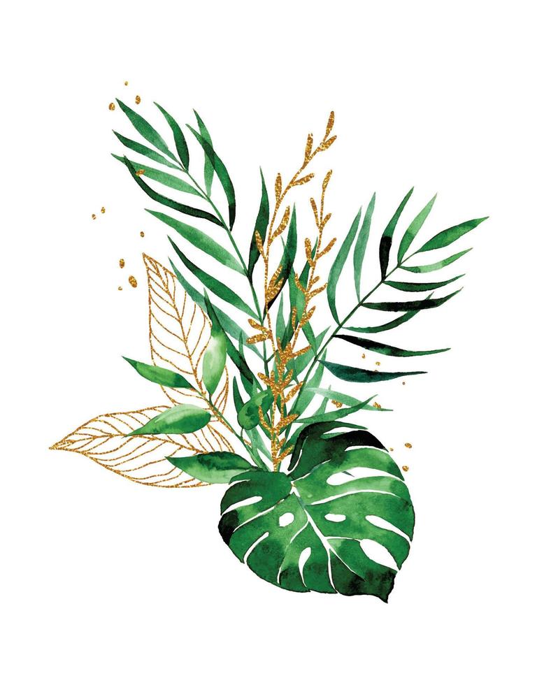 dibujo de acuarela. ramo, composición de hojas tropicales. hojas verdes y doradas de palma, monstera, plátano. selva vector