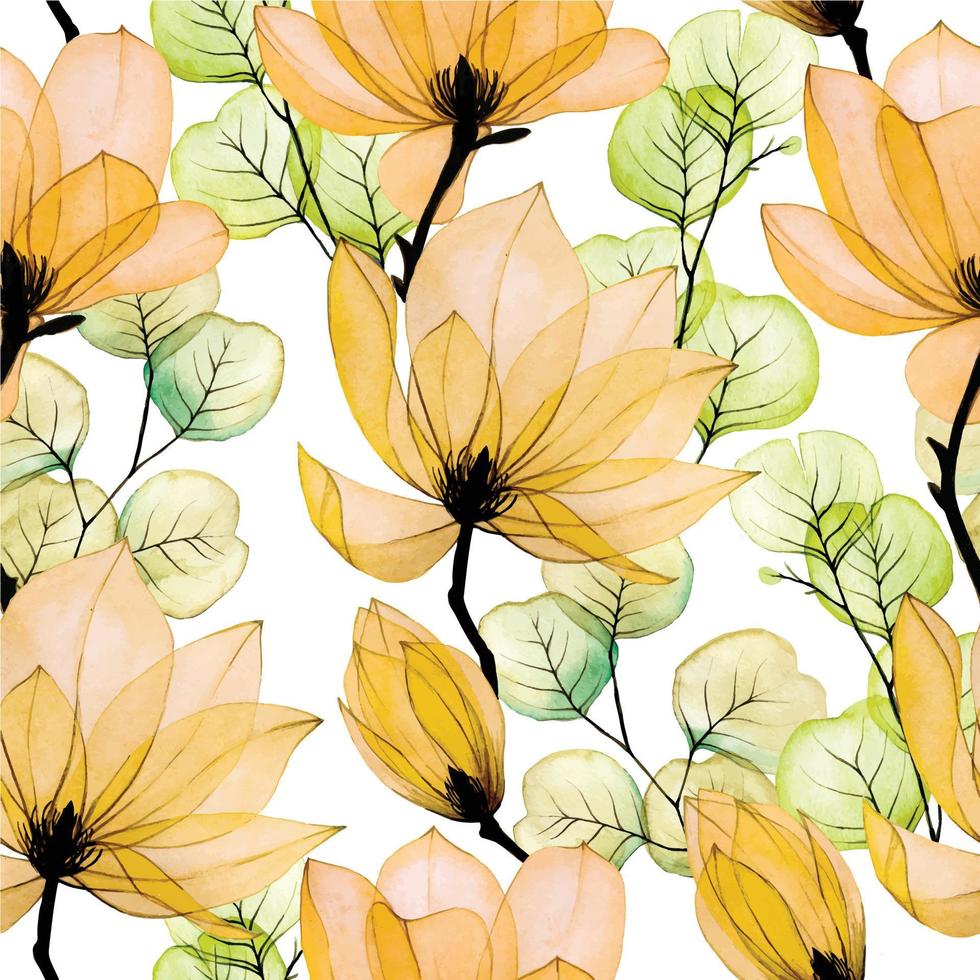 watercolor seamless pattern with transparent magnolia flowers and eucalyptus leaves. flowers and leaves of autumn colors, yellow, orange. delicate, vintage print for fabric, wallpaper. vector