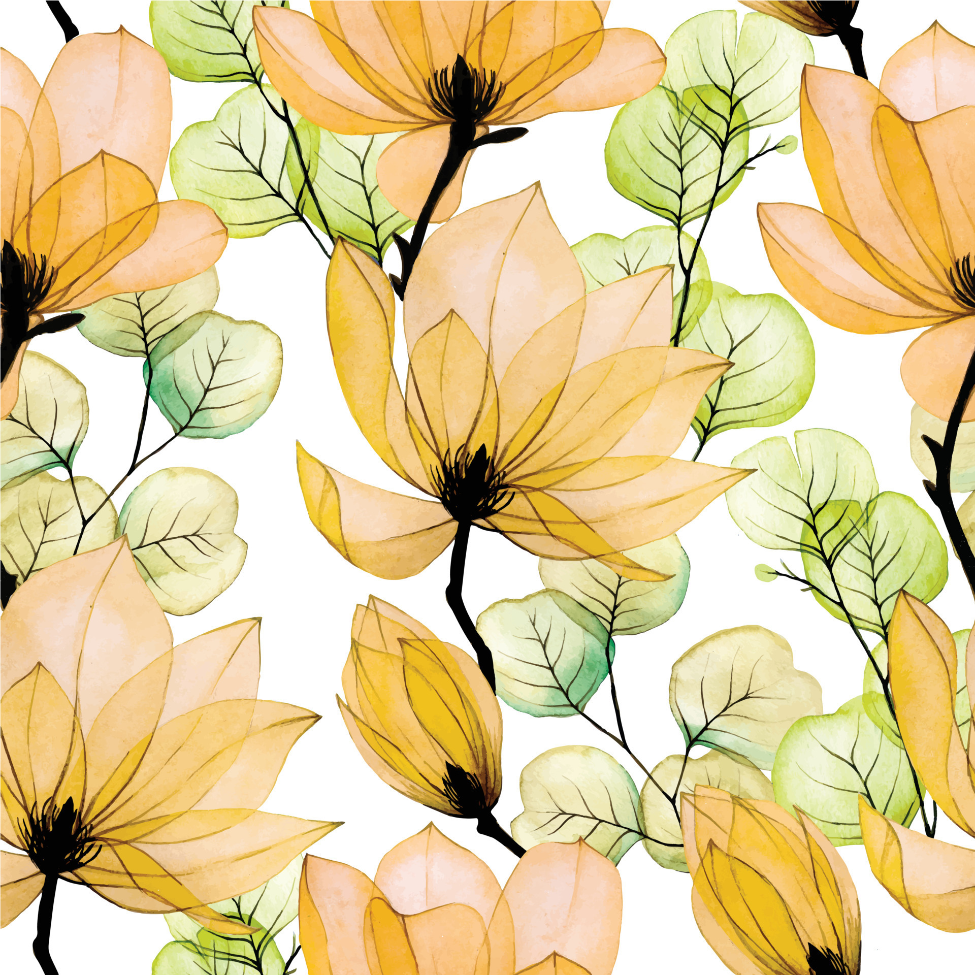 watercolor seamless pattern with transparent magnolia flowers and  eucalyptus leaves. flowers and leaves of autumn colors, yellow, orange.  delicate, vintage print for fabric, wallpaper. 9464258 Vector Art at  Vecteezy
