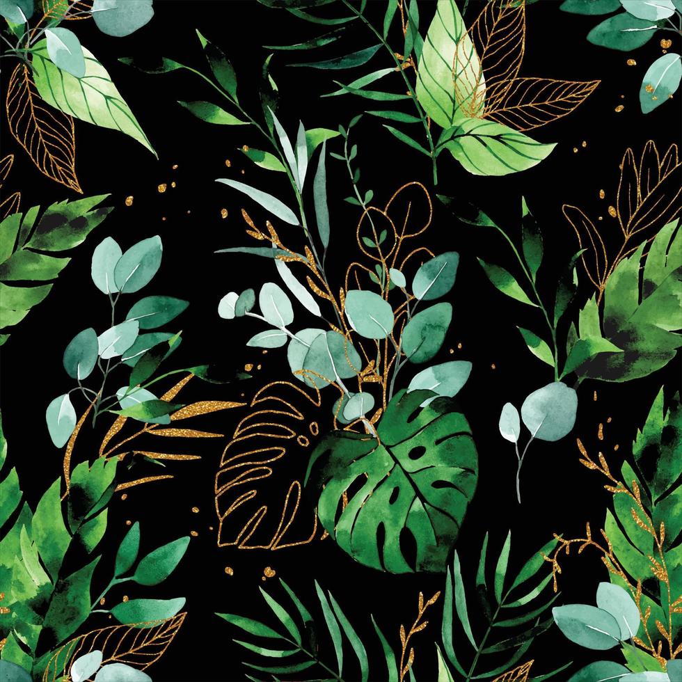 acuarela de patrones sin fisuras con hojas tropicales sobre un fondo oscuro. hojas verdes y doradas sobre un fondo negro. selva vector