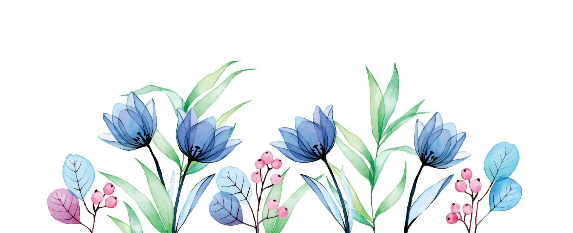 watercolor drawing. horizontal border with transparent flowers. pink and blue bell flowers, abstract eucalyptus leaves and berries. delicate drawing, x-ray. vector