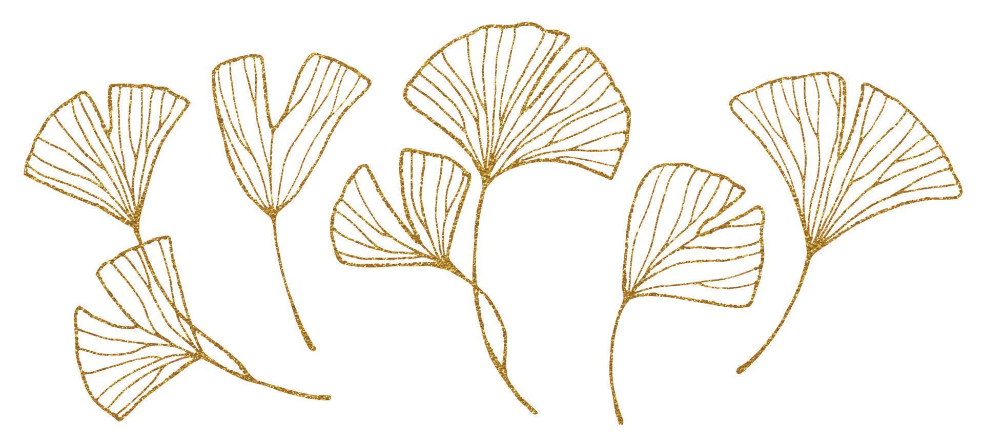 golden ginkgo leaves. graphic drawing set of tropical leaves with gold texture. sketch outline vector