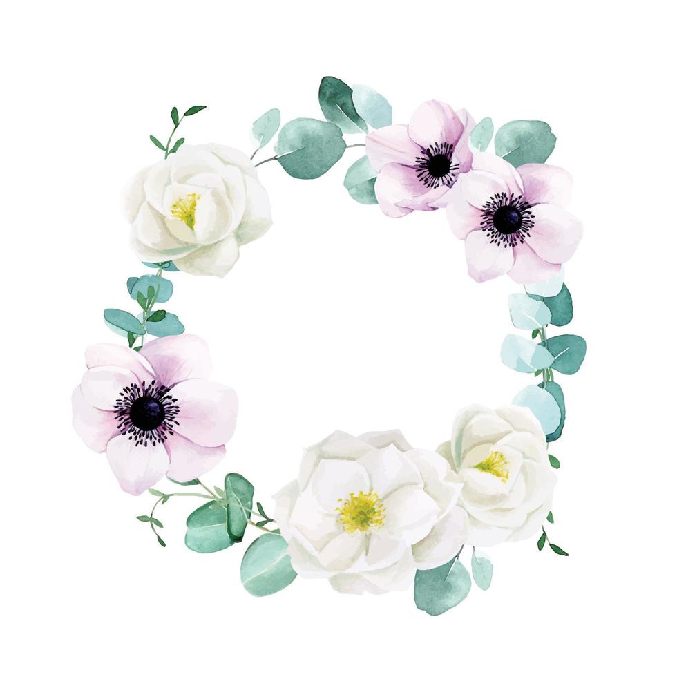 dibujo de acuarela. corona con flores de peonía blanca y rosa y anémonas y hojas de eucalipto. guirnalda floral primavera, vendimia vector