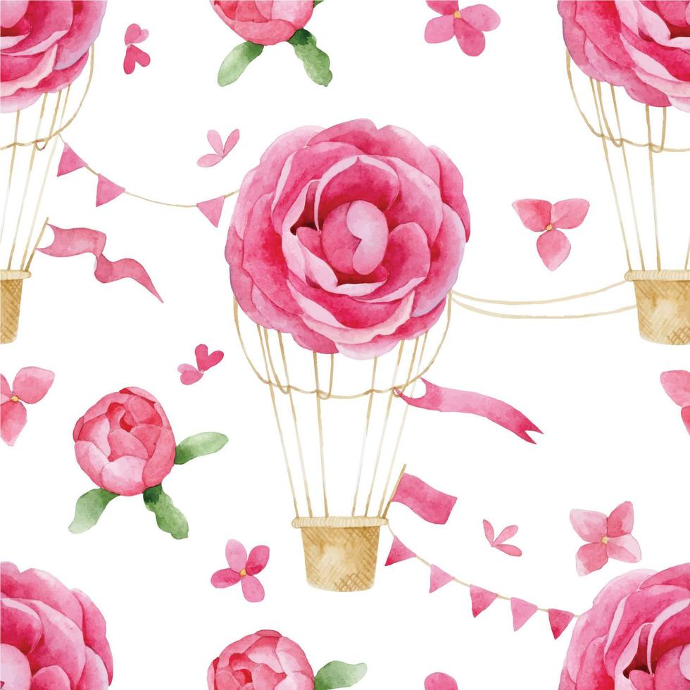 watercolor drawing seamless pattern hot air balloon of flowers. delicate print for girls, delicate. pink rose, peony flowers on white background. vector