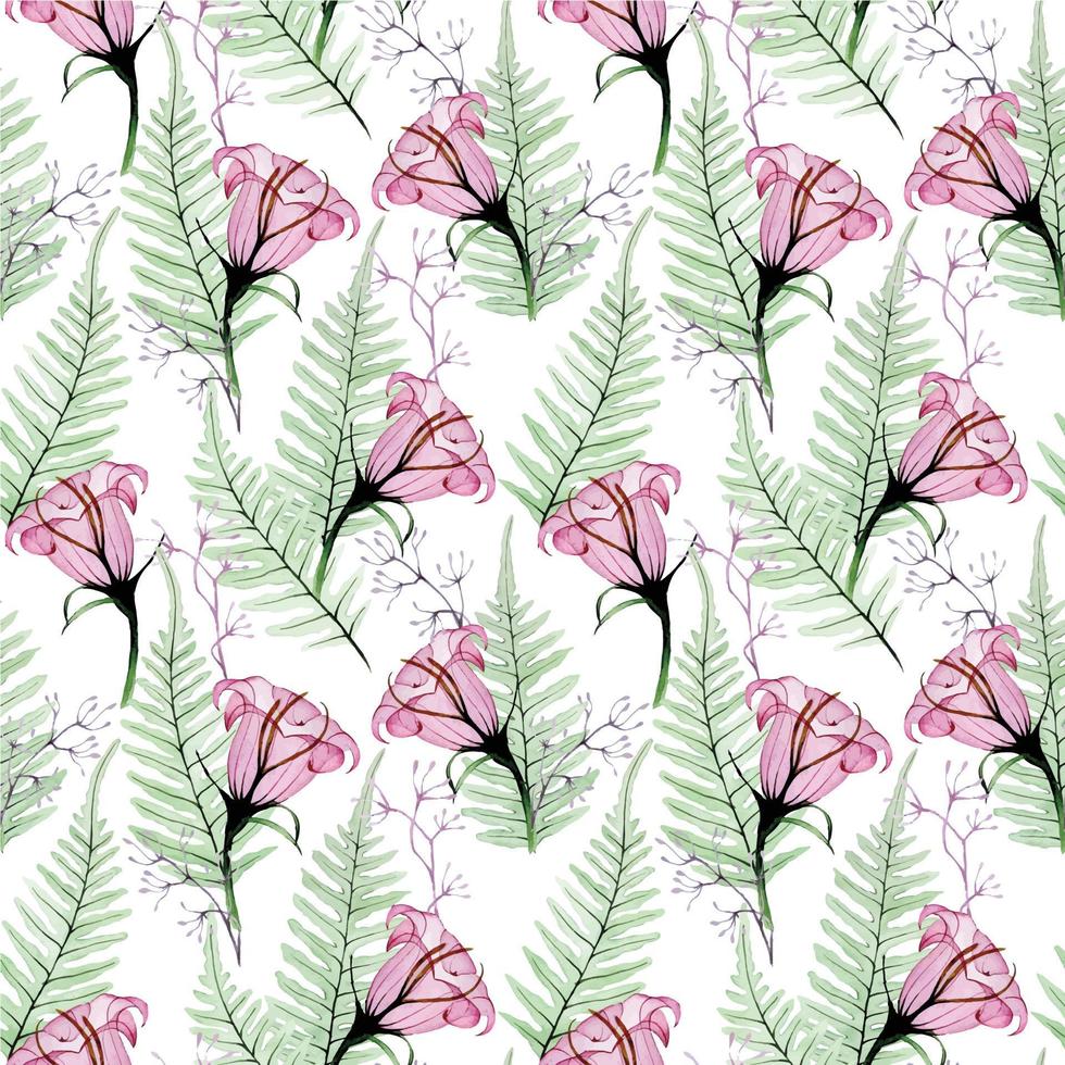 seamless watercolor pattern with transparent flowers. pink tropical flowers and green fern leaves. tropical plants, rain forest, jungle. vector