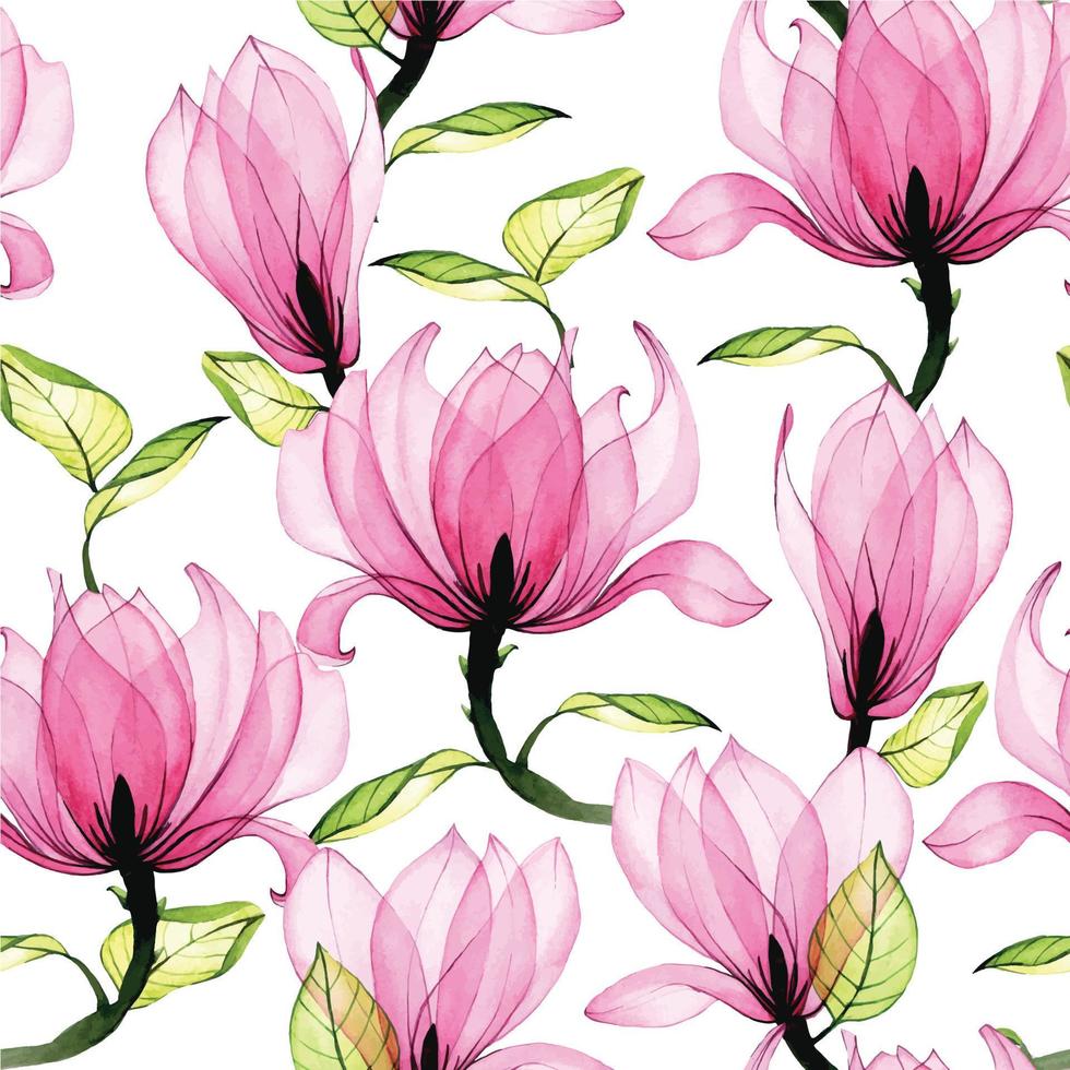 watercolor seamless pattern with transparent magnolia flowers. pink magnolias on a white background, delicate print for fabric, wallpaper, textile. spring symbol, wedding design vector