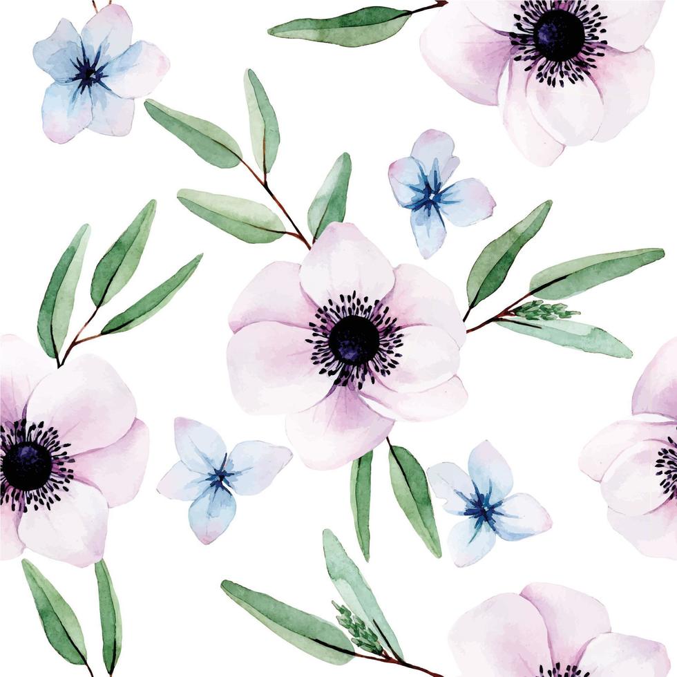 seamless watercolor pattern with pink and blue anemone and hydrangea flowers. cute floral print with dense pattern. design for scrapbooking, fabric, wallpaper, wrapping paper. vector