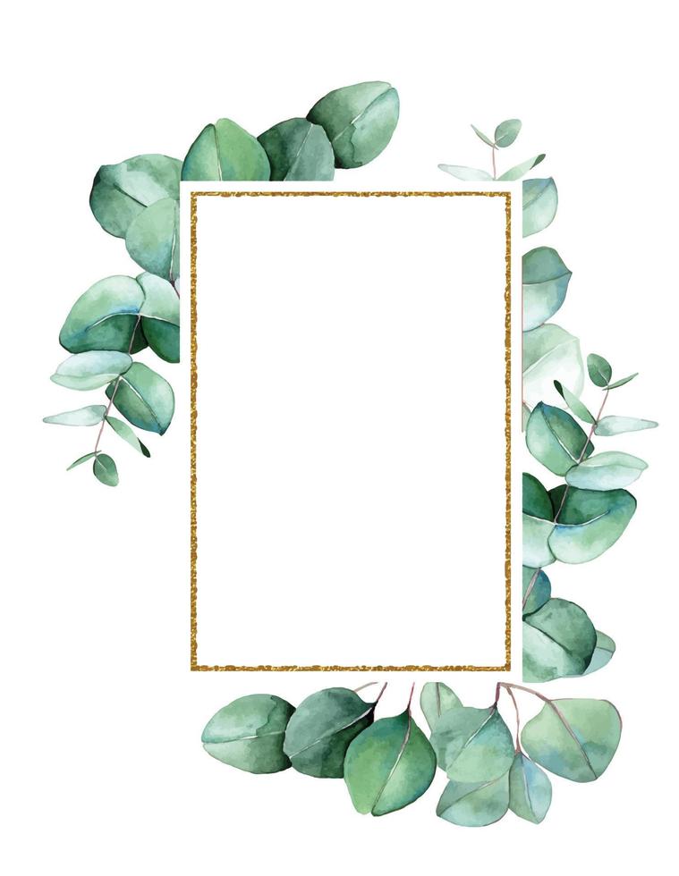 golden rectangular frame with green eucalyptus leaves. watercolor drawing, clipart. design for wedding, postcards, congratulations, invitations. perfume and cosmetics logo vector