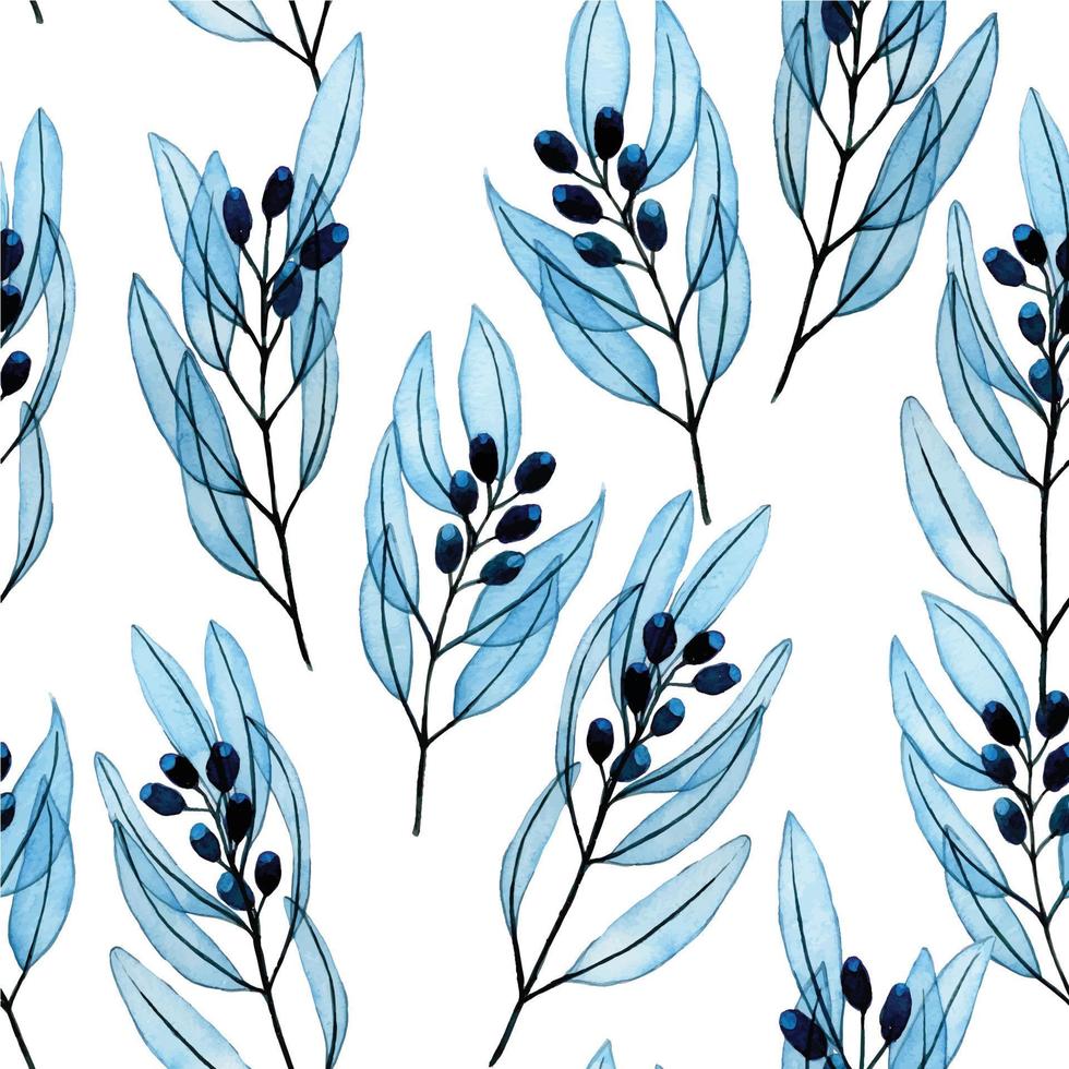watercolor drawing by hands. seamless pattern with eucalyptus leaves and branches. transparent drawing of blue eucalyptus leaves, eucalyptus fruits on a white background. print for fabric, wallpaper vector