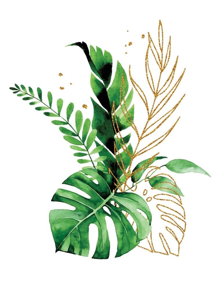 dibujo acuarela, composición de ramo de hojas tropicales de monstera y palmeras. Hojas verdes y doradas de la selva tropical aisladas en fondo blanco vector