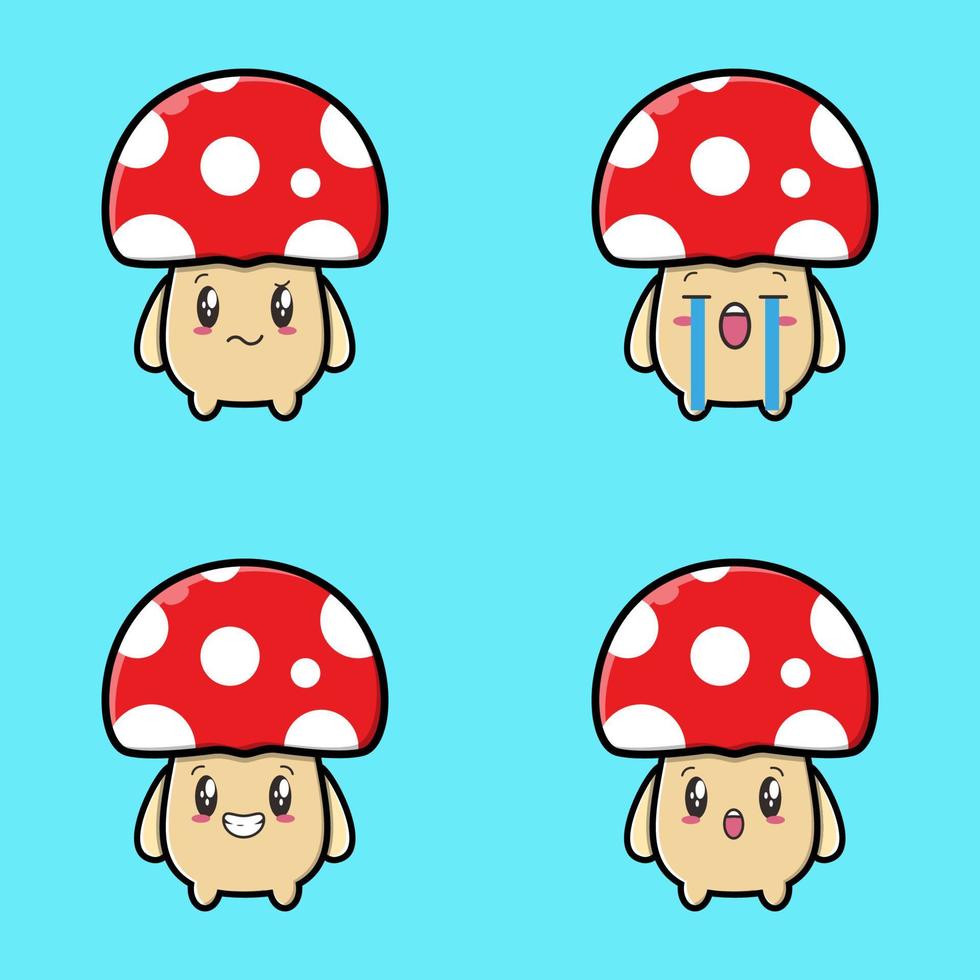Set Cute mushroom icon face expression. mushroom vector icon on blue background cartoon icon illustration design isolated flat cartoon style