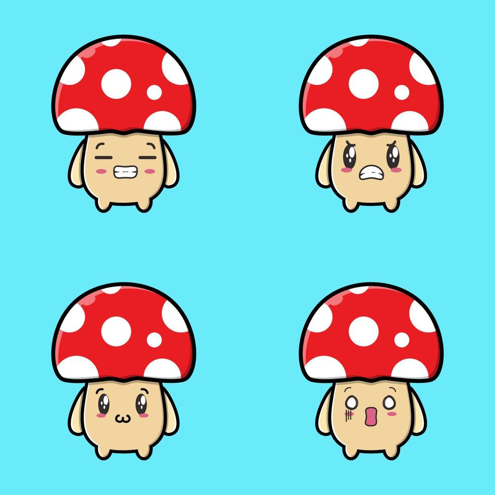 Set Cute mushroom icon face expression. mushroom vector icon on blue background cartoon icon illustration design isolated flat cartoon style