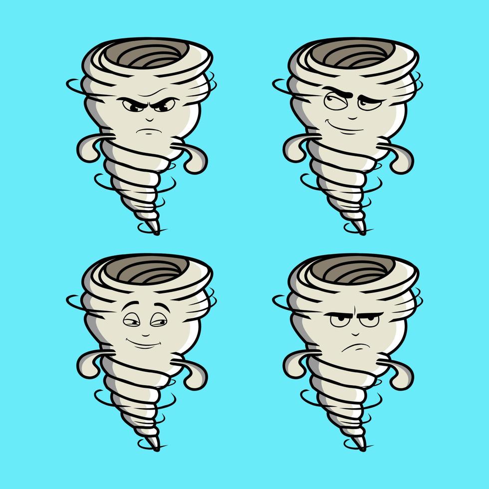 establecer lindo torbellino tornado icono cara expresión. icono de vector de tornado torbellino sobre fondo azul diseño de ilustración de icono de dibujos animados estilo de dibujos animados plano aislado