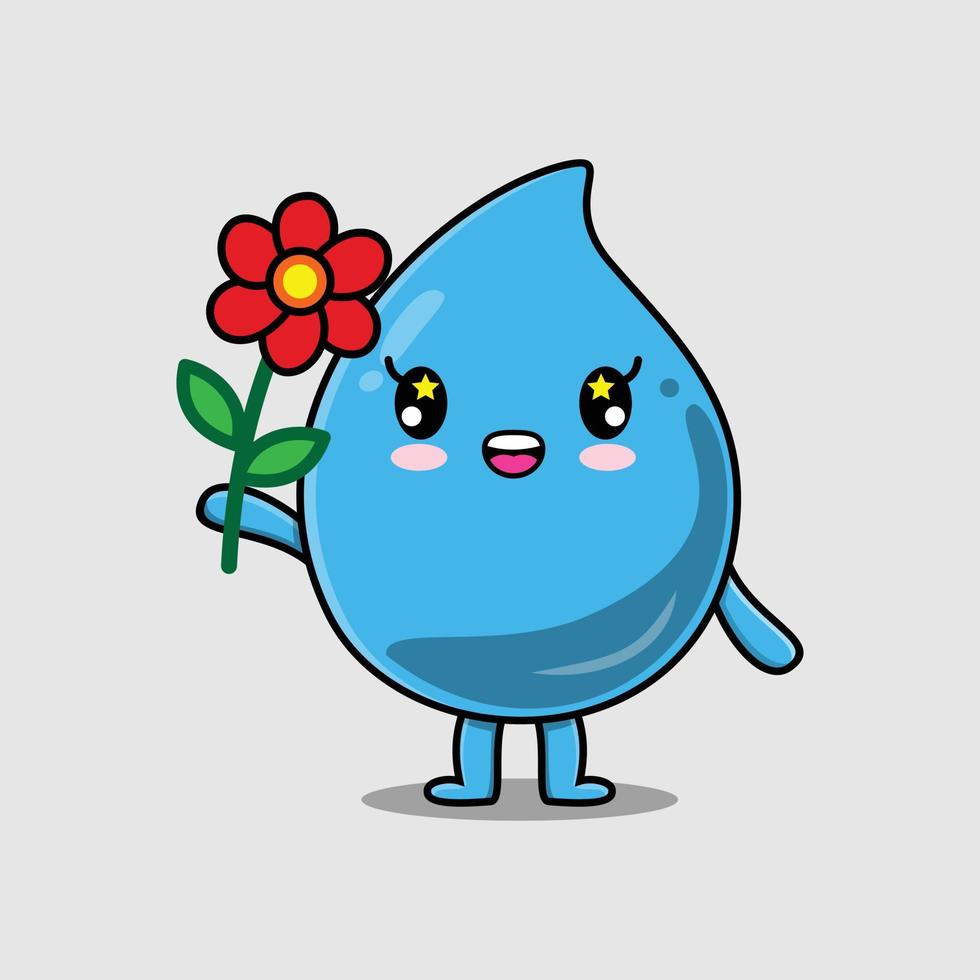 personaje de gota de agua de dibujos animados lindo sostén flor roja vector