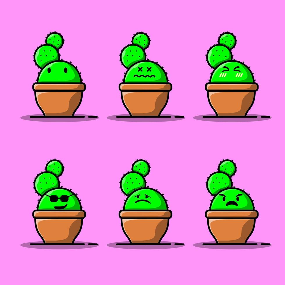 Set Vector cartoon illustrations of green cactus with emotions. Funny emotions character collection for kids. Fantasy characters.