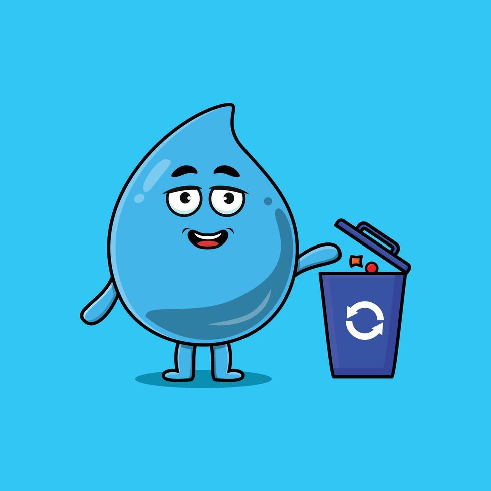 Cute cartoon water drop throwing trash in trash vector