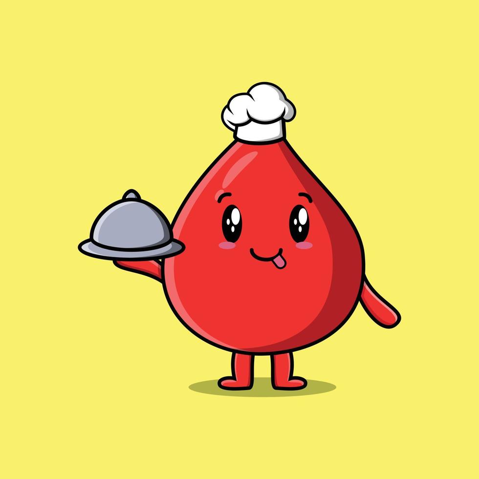Cute Cartoon chef blood drop serving food on tray vector