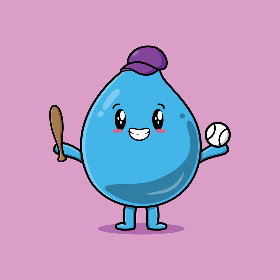 lindo personaje de gota de agua de dibujos animados jugando béisbol vector