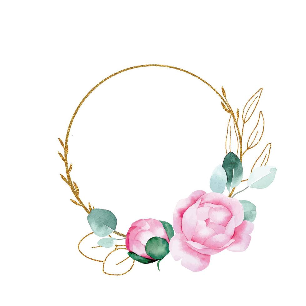 round gold frame with leaves and pink flowers of peony, roses on a white background vector