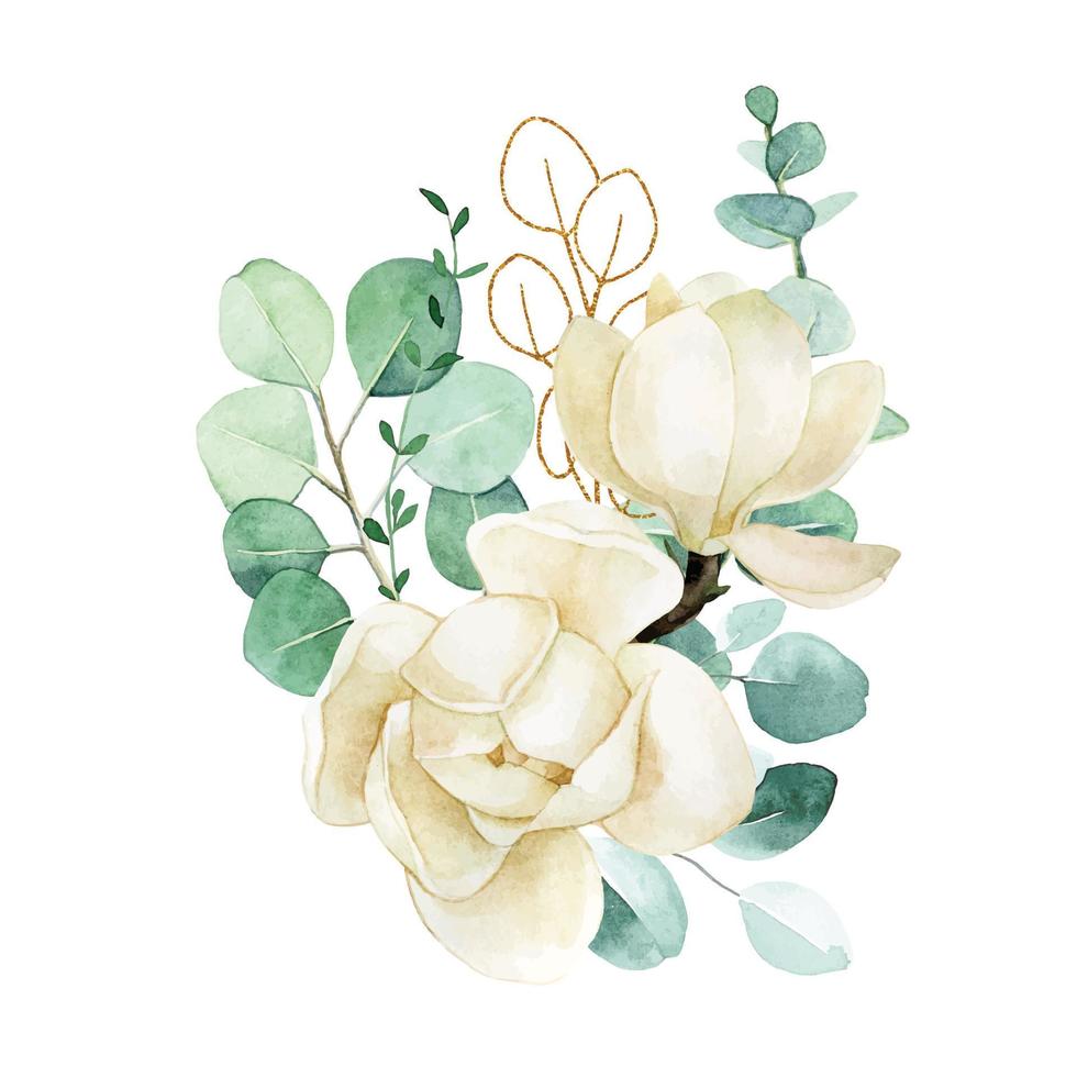 dibujo de acuarela. ramo con magnolias blancas y hojas de eucalipto. delicada composición de ilustración de flores, hojas verdes y doradas de eucalipto. vector