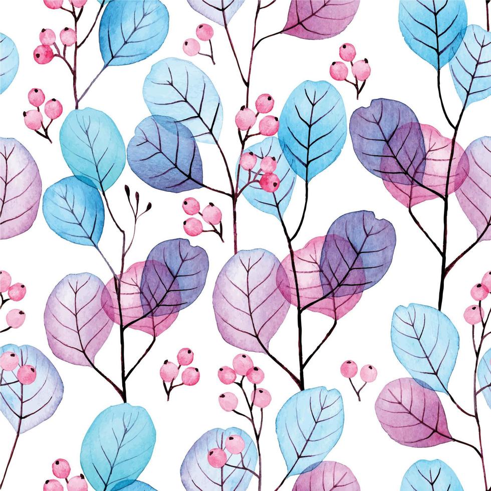 watercolor drawing. seamless pattern with transparent eucalyptus leaves. blue and pink leaves and berries of eucalyptus on a white background. vector