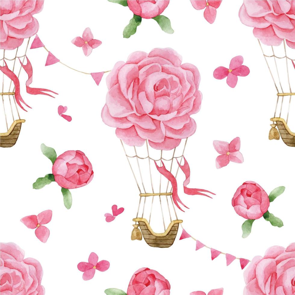 watercolor drawing seamless pattern hot air balloon of flowers. delicate print for girls, delicate. pink rose, peony flowers on white background. vector